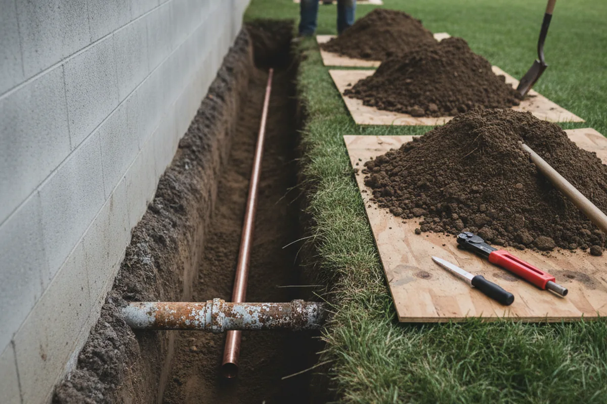 Excavated water line trench during Water Softener Installation in Campbell